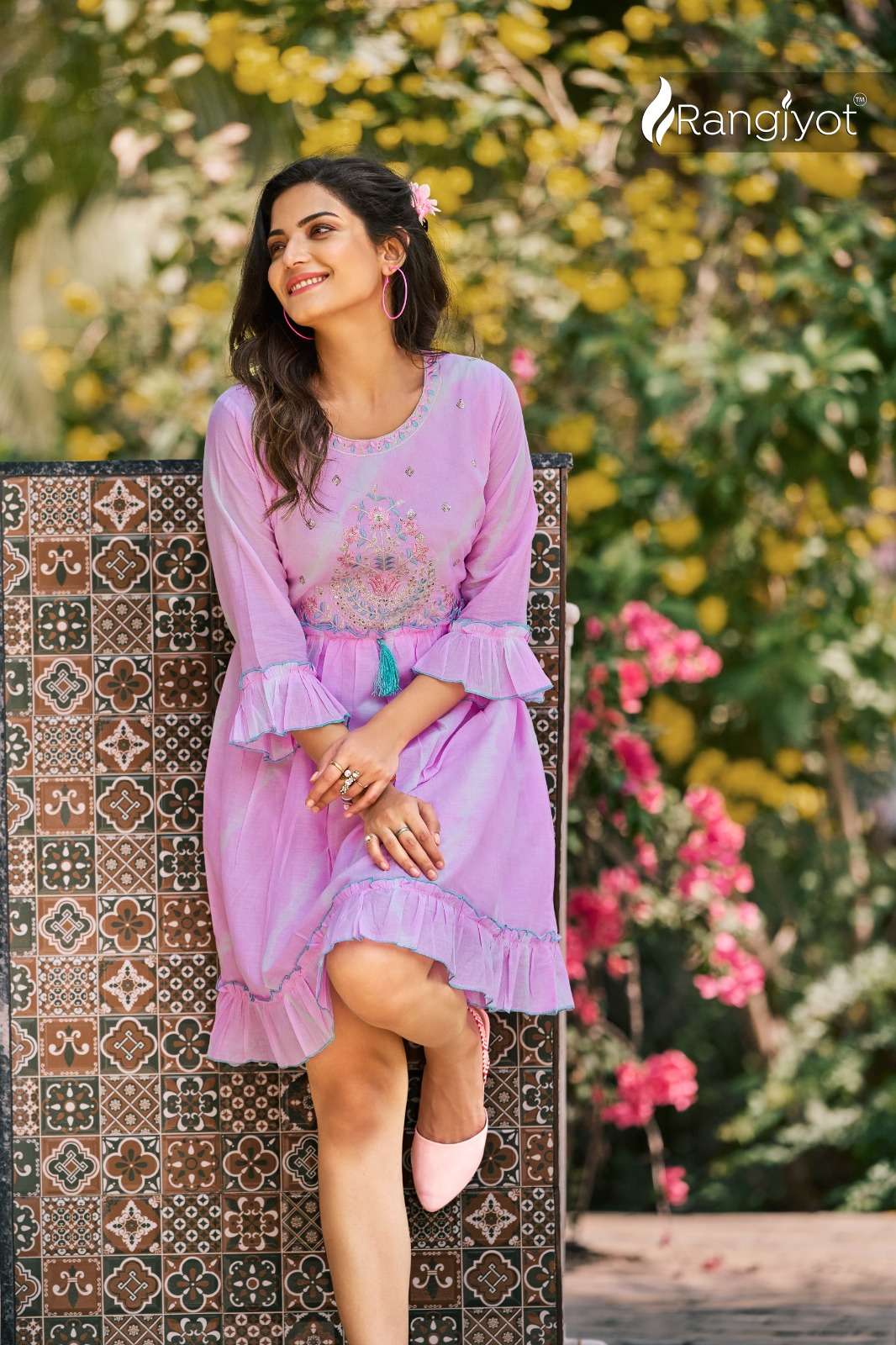 RICHGIRL MULL COTTON SEQUENCE, EMBROIDERY AND HANDWORK FANCY TUNICS WITH SHADES OF SHIBORI PRINT BY RANGJYOT BRAND 1005